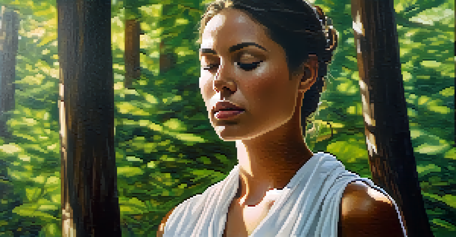 A person practicing breathwork in a serene forest, surrounded by nature and sunlight.