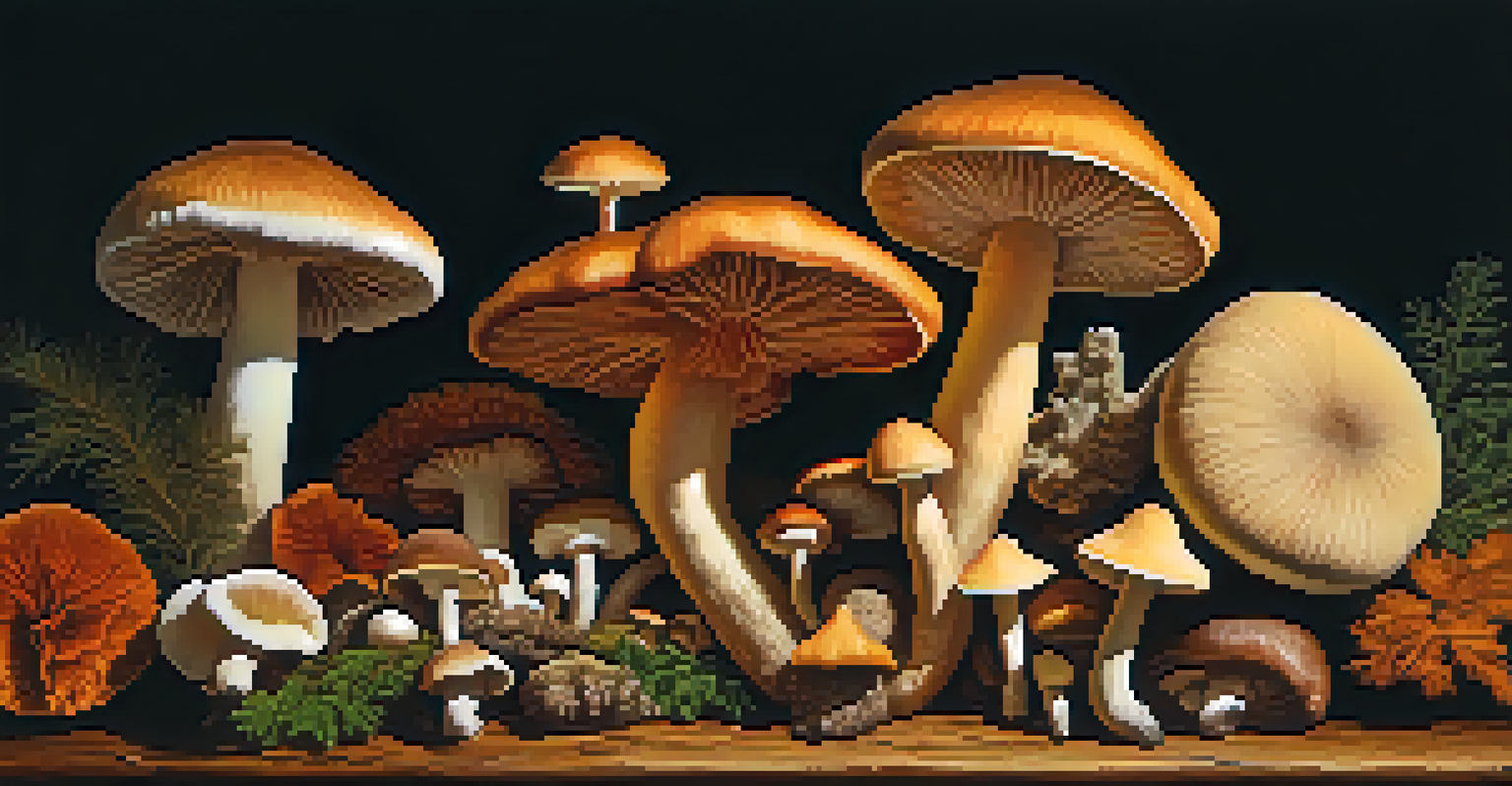 An artistic display of different mushrooms on a wooden table, beautifully lit.