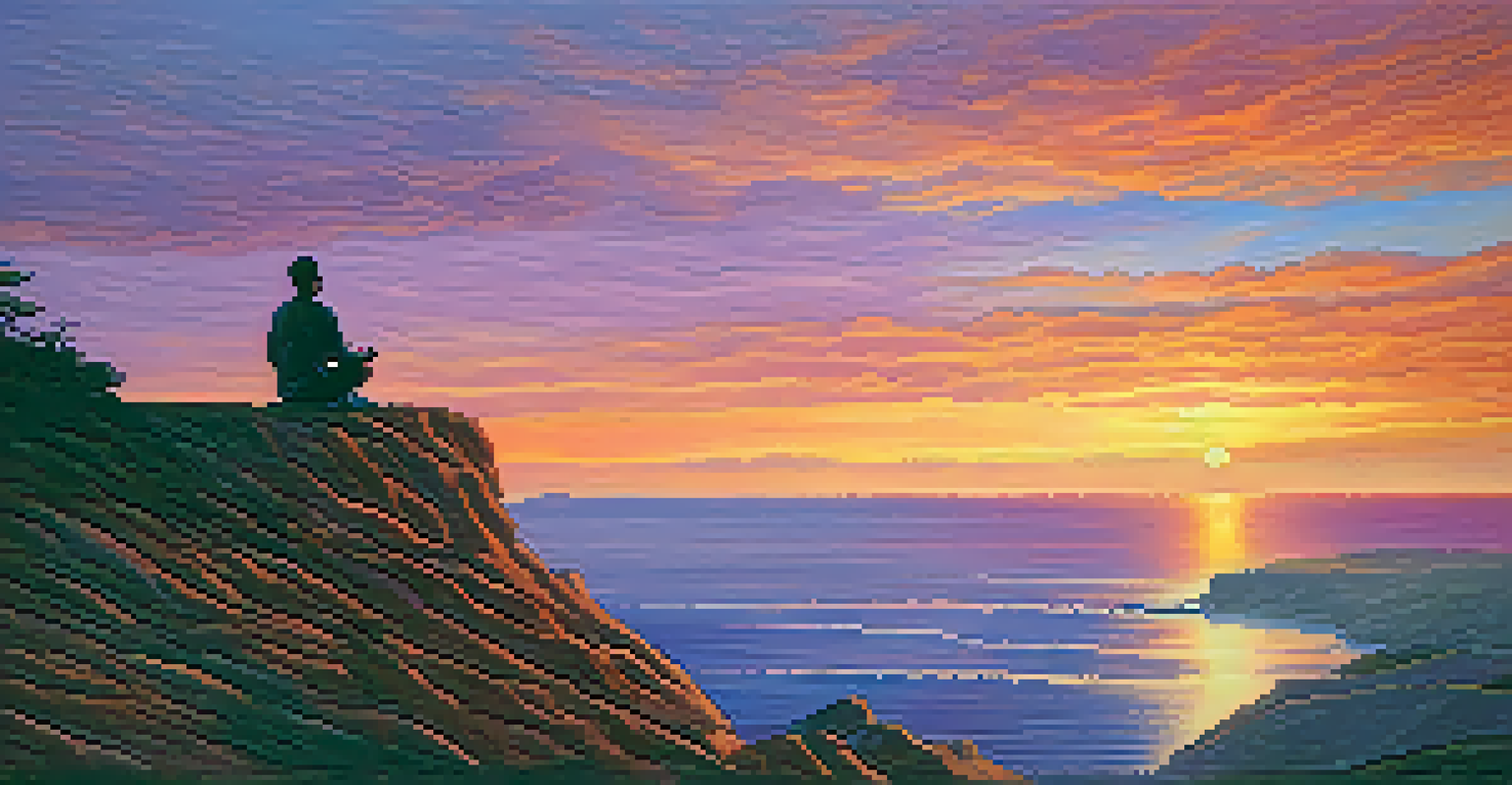 A silhouette of a person meditating on a cliff at sunset overlooking the ocean, surrounded by vibrant colors.