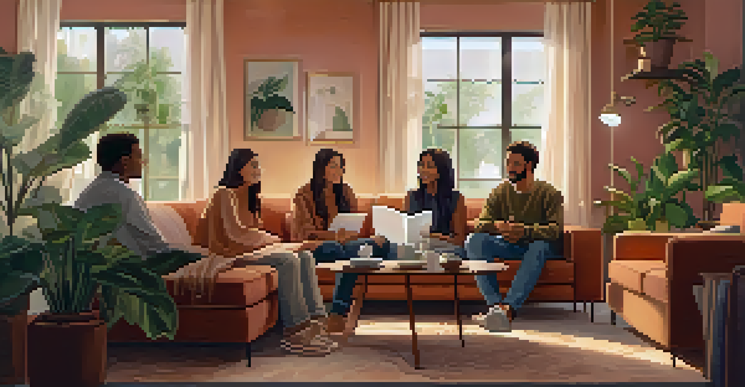 A cozy living room with friends sitting on cushions, engaged in conversation, surrounded by plants and soft lighting.