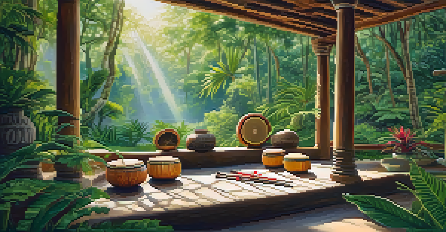 A peaceful meditation space filled with traditional musical instruments, surrounded by greenery and soft natural light.