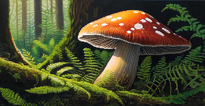 A close-up view of a colorful mushroom in a green forest, with sunlight filtering through leaves, surrounded by ferns and moss.