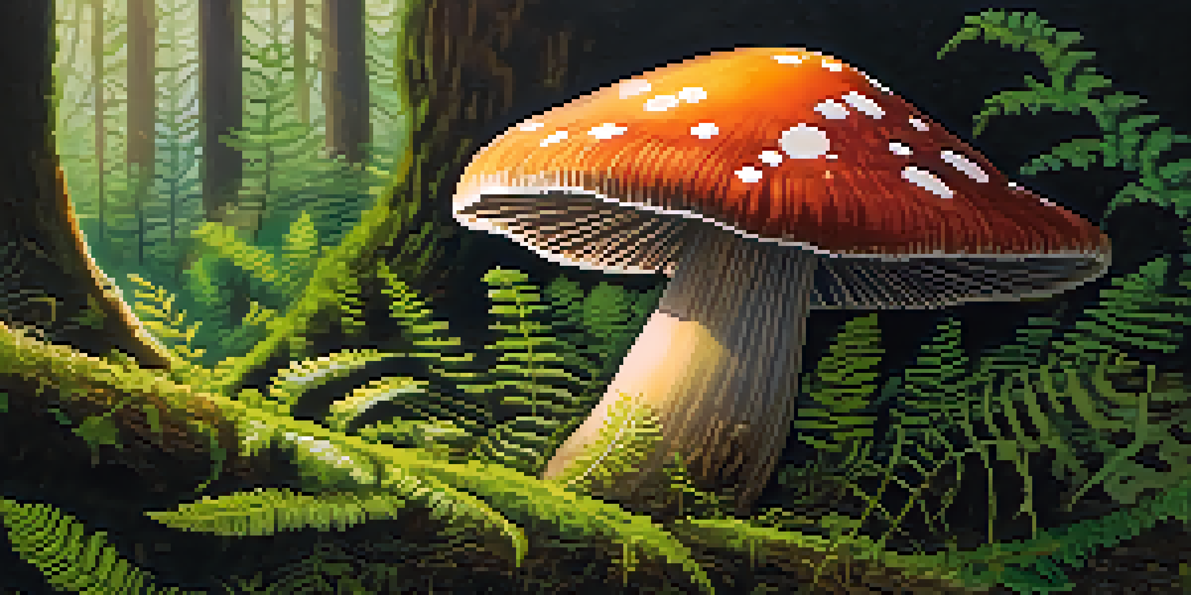 A close-up view of a colorful mushroom in a green forest, with sunlight filtering through leaves, surrounded by ferns and moss.