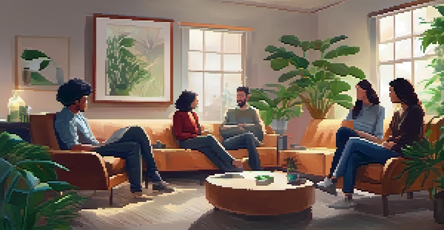 A cozy group therapy session, showing diverse participants in a warm room sharing their personal experiences, surrounded by plants and soft lighting.