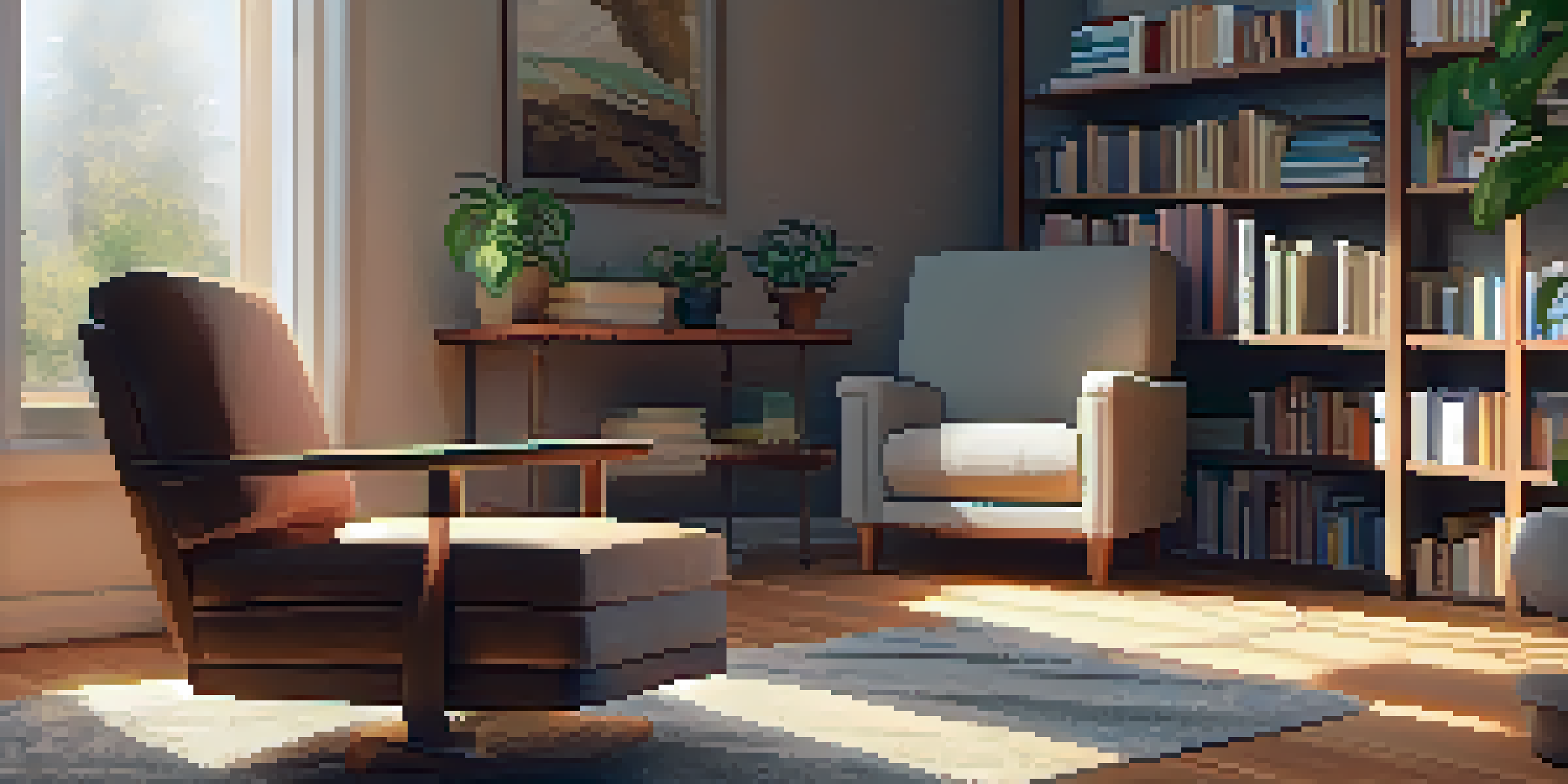 A tranquil therapist's office featuring a comfortable armchair, warm lighting, and a bookshelf filled with psychology books.