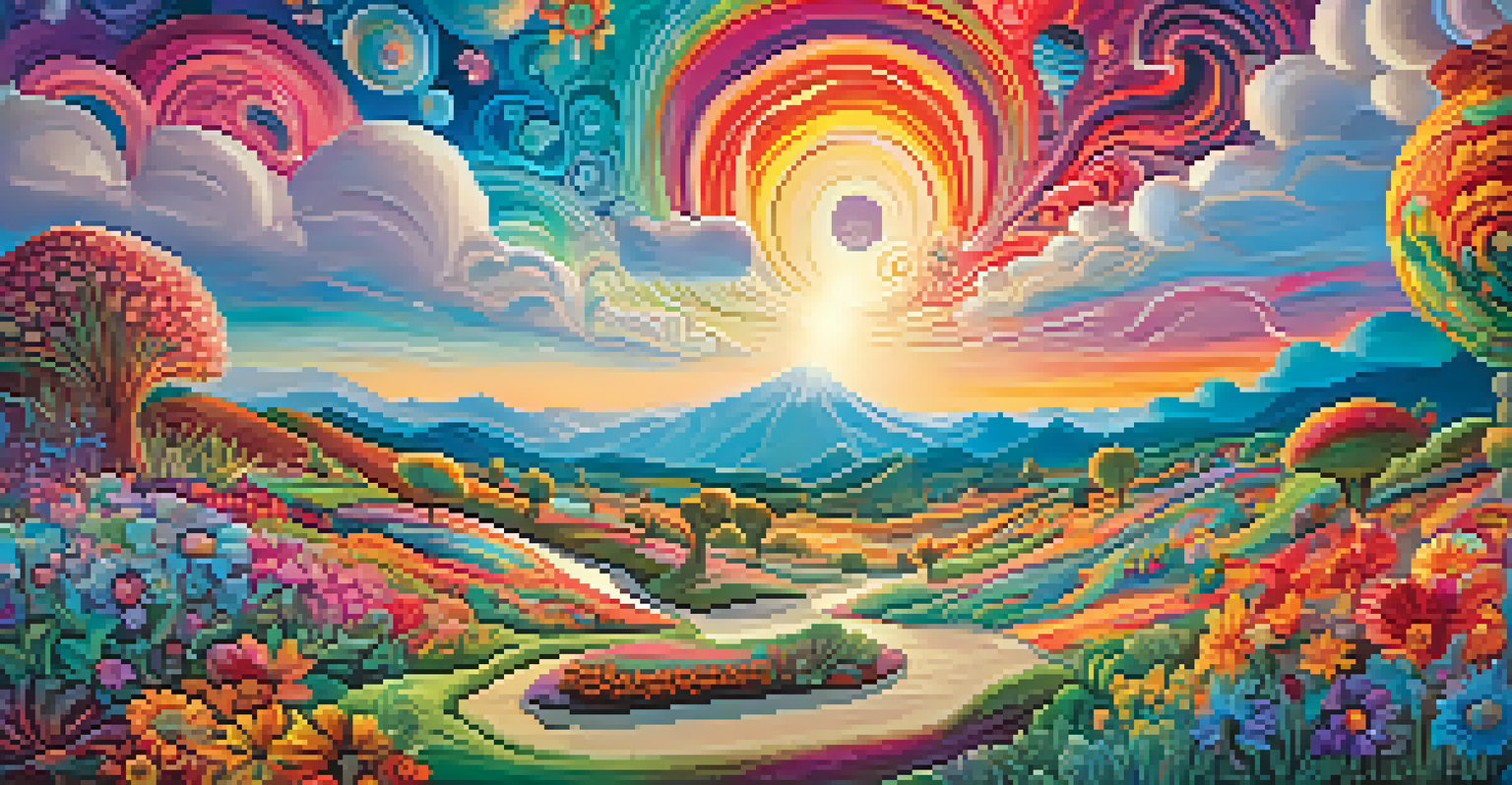 A colorful psychedelic landscape with swirling patterns, whimsical flowers, and a bright sky filled with clouds.