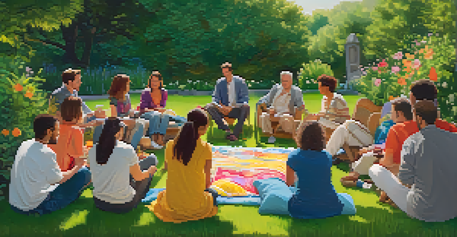 A vibrant garden setting where individuals are sitting in a circle on the grass, sharing experiences and fostering open communication.
