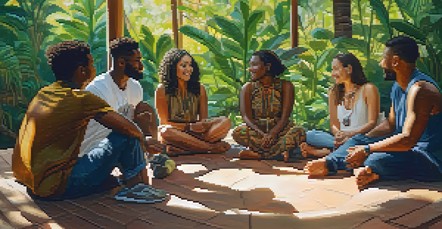 A group of diverse people in an outdoor integration circle, sharing their experiences in a sunlit setting surrounded by greenery.