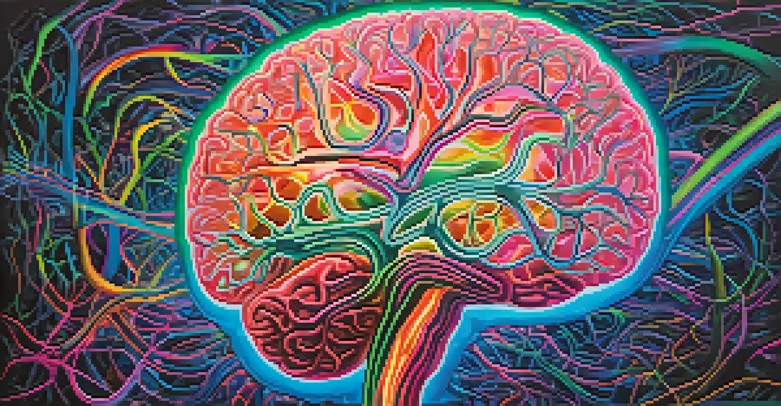 An abstract image of a colorful brain with illuminated neural pathways and psychedelic patterns.