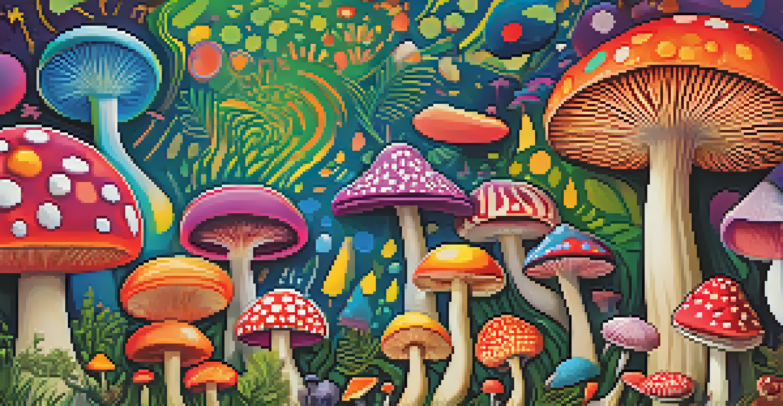 A modern public health campaign poster with vibrant colors and abstract shapes, featuring mushrooms and psychedelic patterns, promoting informed dialogue on mental health.
