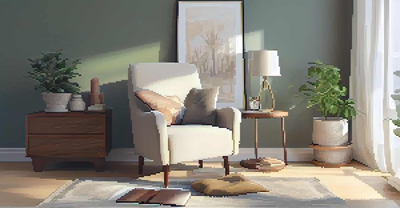 A cozy therapy room with a recliner, soft lighting, a potted plant, and a journal on a side table.