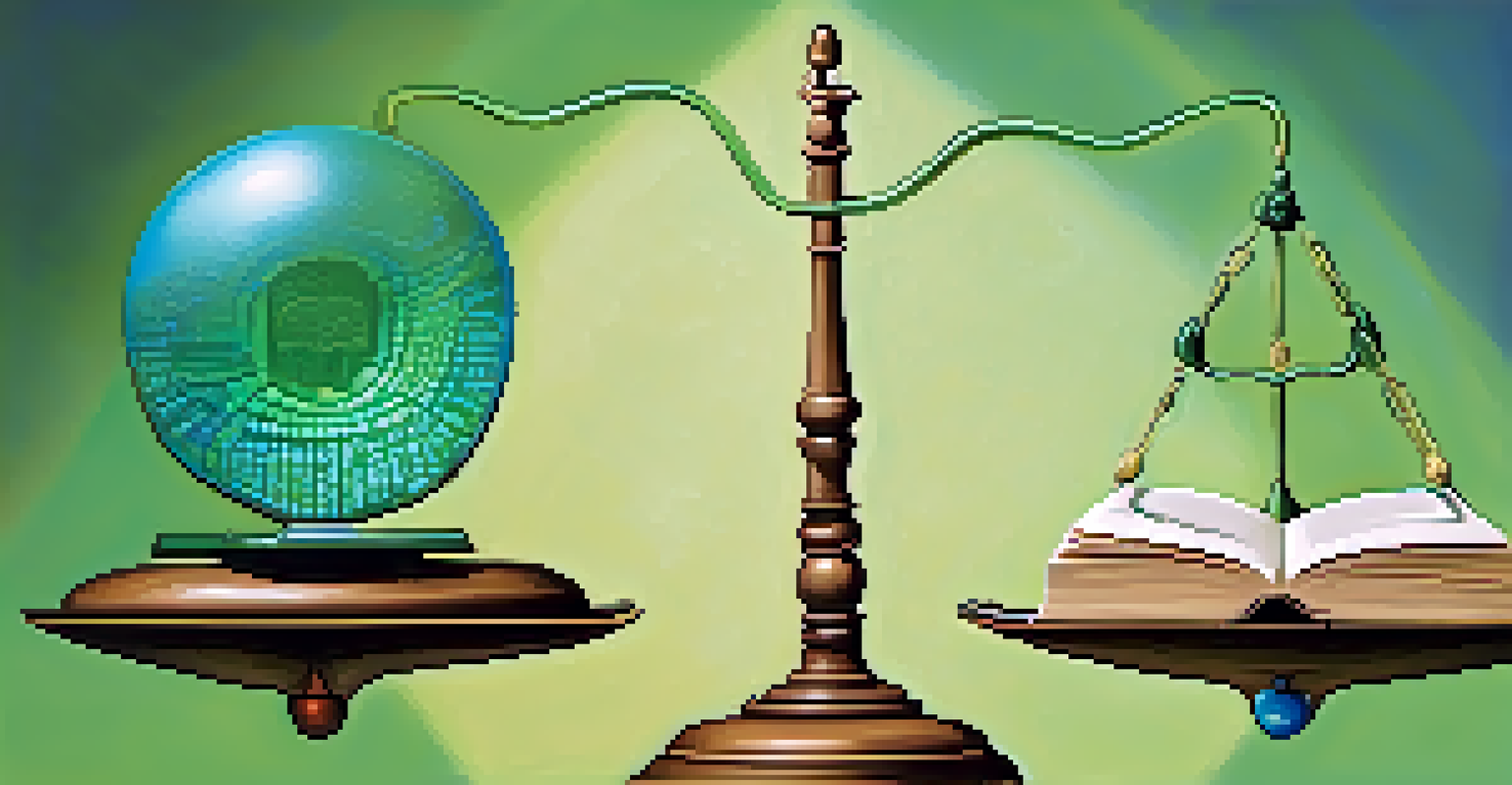 An illustration of scales balancing symbols of scientific freedom and ethical constraints, set against a blue-green gradient background.