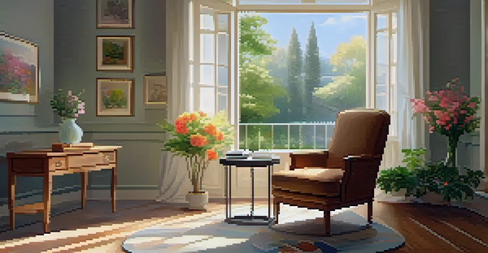 A cozy therapy room with warm lighting, an armchair, and a window showing a peaceful garden.