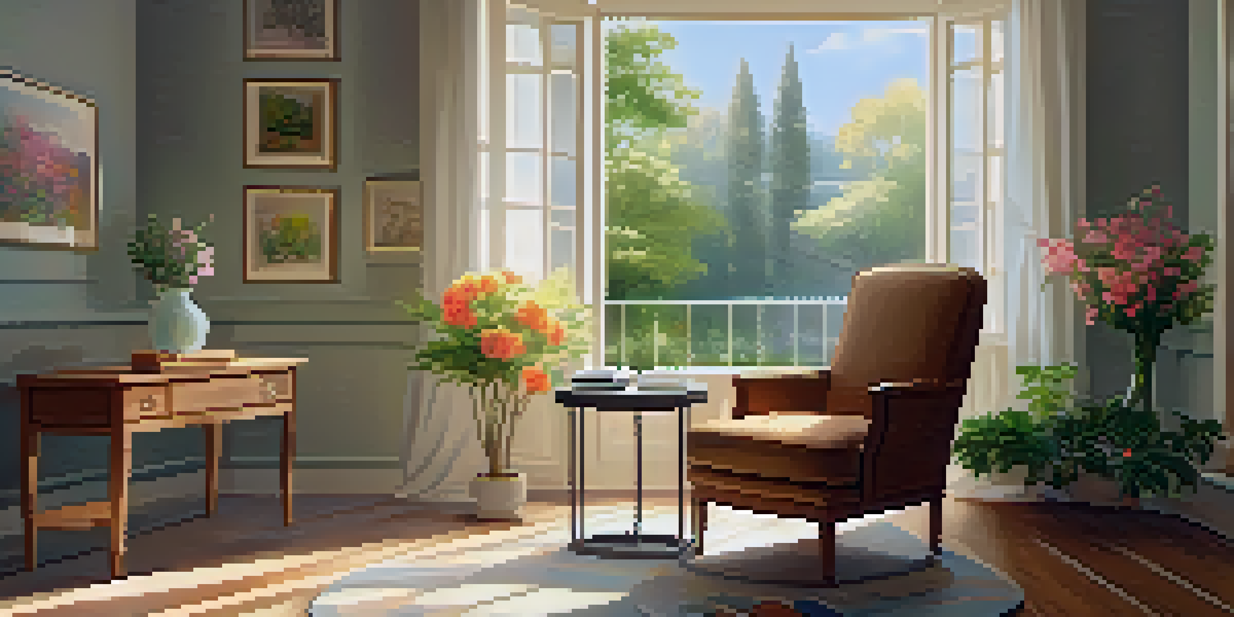 A cozy therapy room with warm lighting, an armchair, and a window showing a peaceful garden.