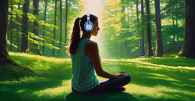 A person wearing an EEG headset in a forest, sitting cross-legged on the grass with sunlight filtering through the trees.