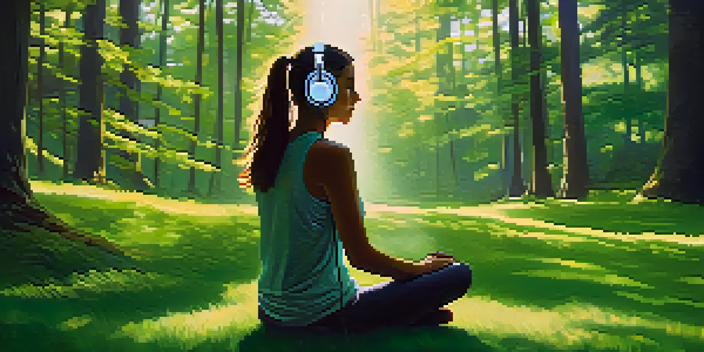 A person wearing an EEG headset in a forest, sitting cross-legged on the grass with sunlight filtering through the trees.