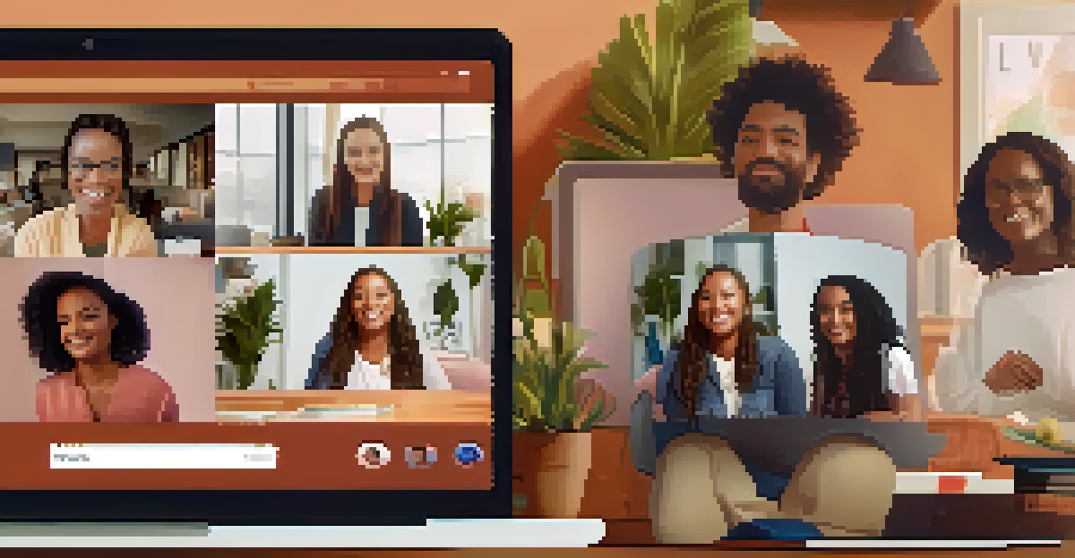 A computer screen displaying an online support group meeting with multiple participants sharing their experiences in a cozy atmosphere.