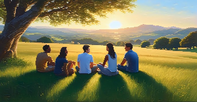 A group of diverse friends sitting in a circle on a green meadow, having a heartfelt conversation during sunset.