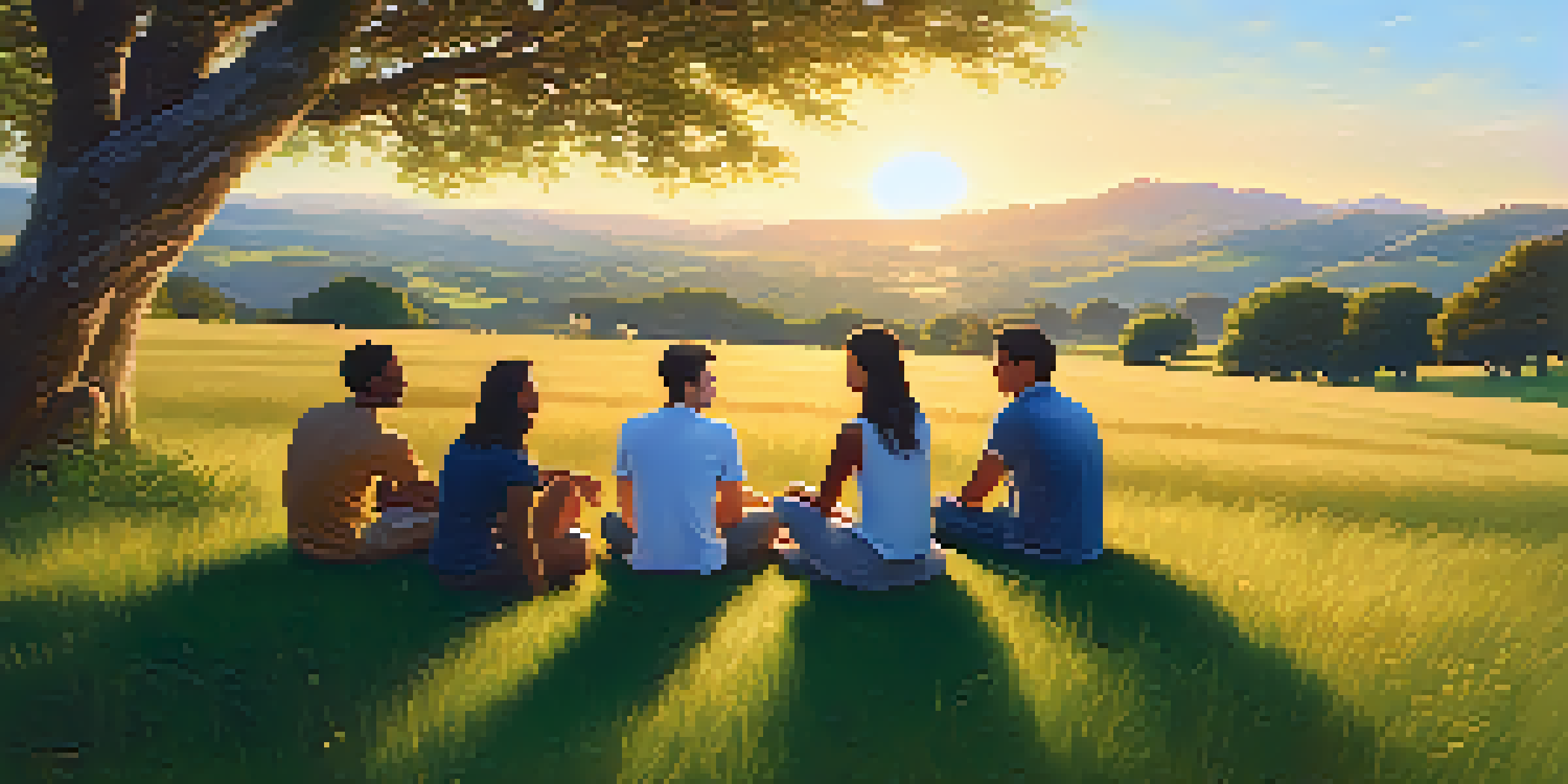 A group of diverse friends sitting in a circle on a green meadow, having a heartfelt conversation during sunset.