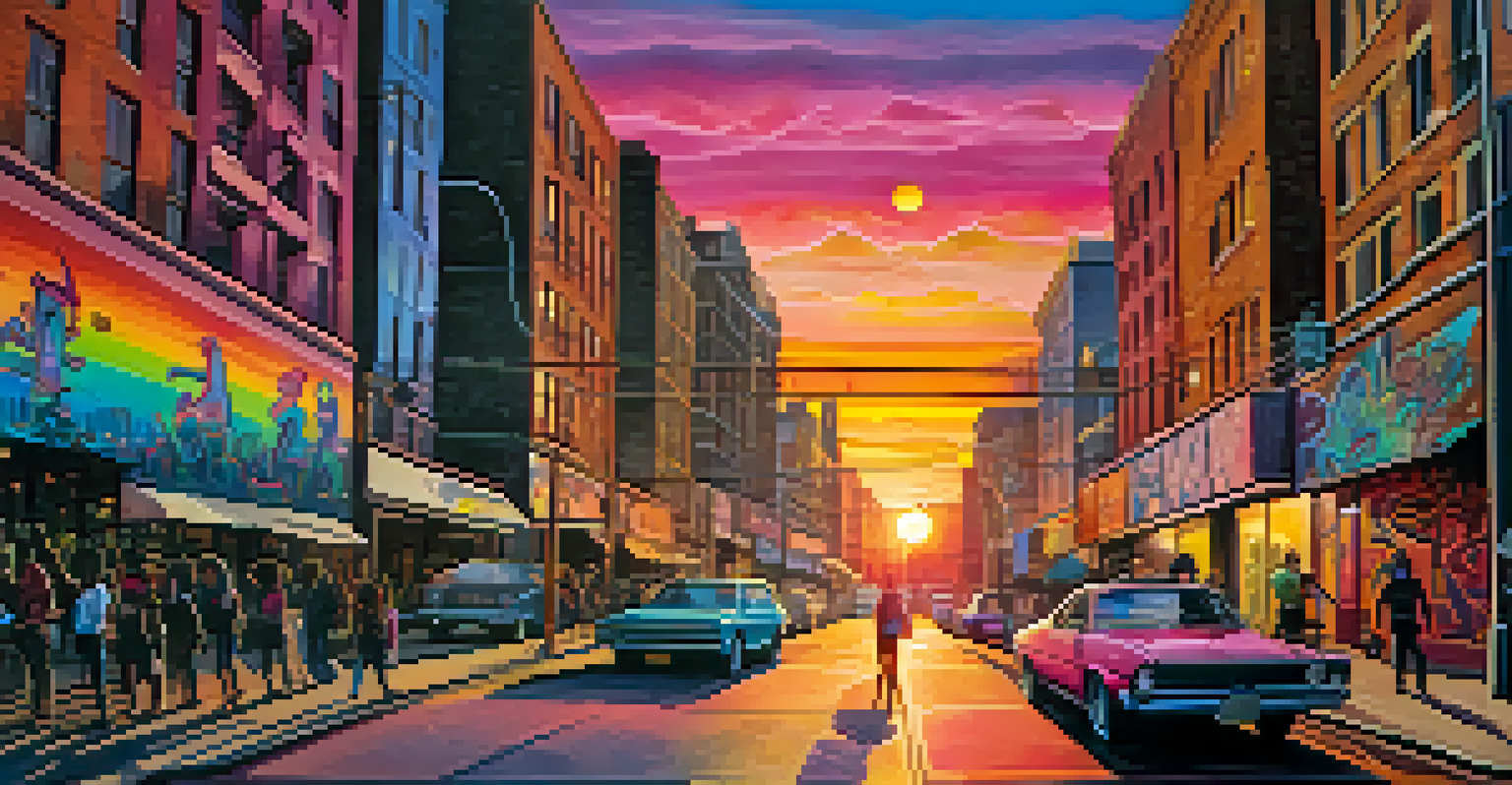 An urban street scene with colorful graffiti art and a vibrant sunset casting a warm glow over the city.