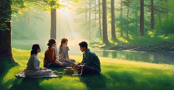 A diverse group of people seated in a circle in a forest at sunrise, engaged in conversation, surrounded by trees and soft grass.
