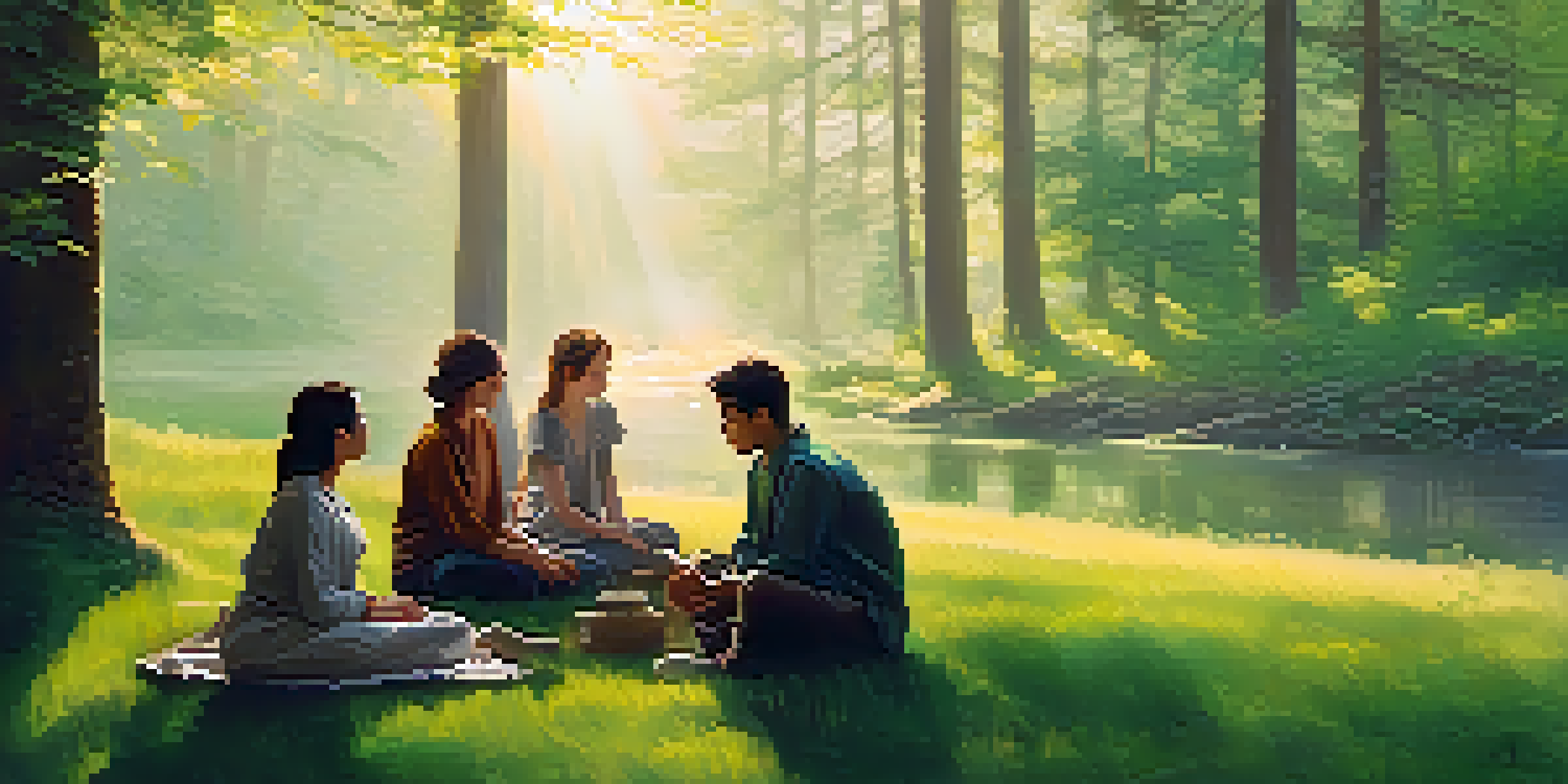 A diverse group of people seated in a circle in a forest at sunrise, engaged in conversation, surrounded by trees and soft grass.