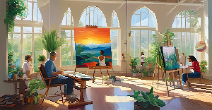 A group of diverse individuals engaged in an art therapy session, surrounded by colorful artwork and plants in a softly lit room.
