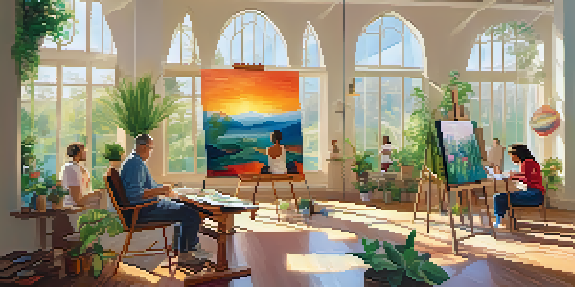 A group of diverse individuals engaged in an art therapy session, surrounded by colorful artwork and plants in a softly lit room.