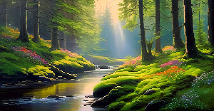 A peaceful forest at dawn with sunlight shining through misty trees and a small creek flowing.