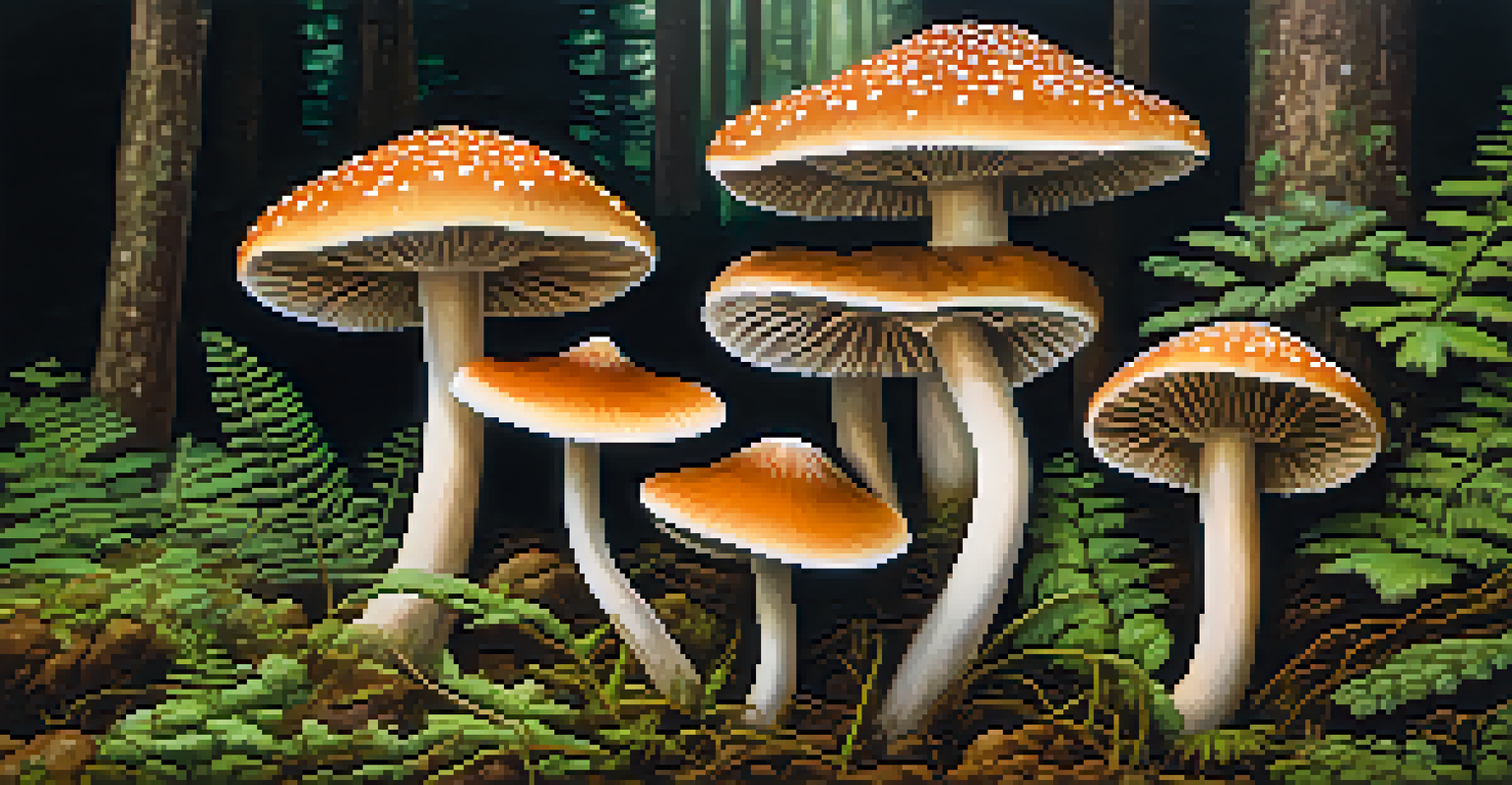 Close-up of healthy psilocybin mushrooms growing in organic soil surrounded by moss and ferns.