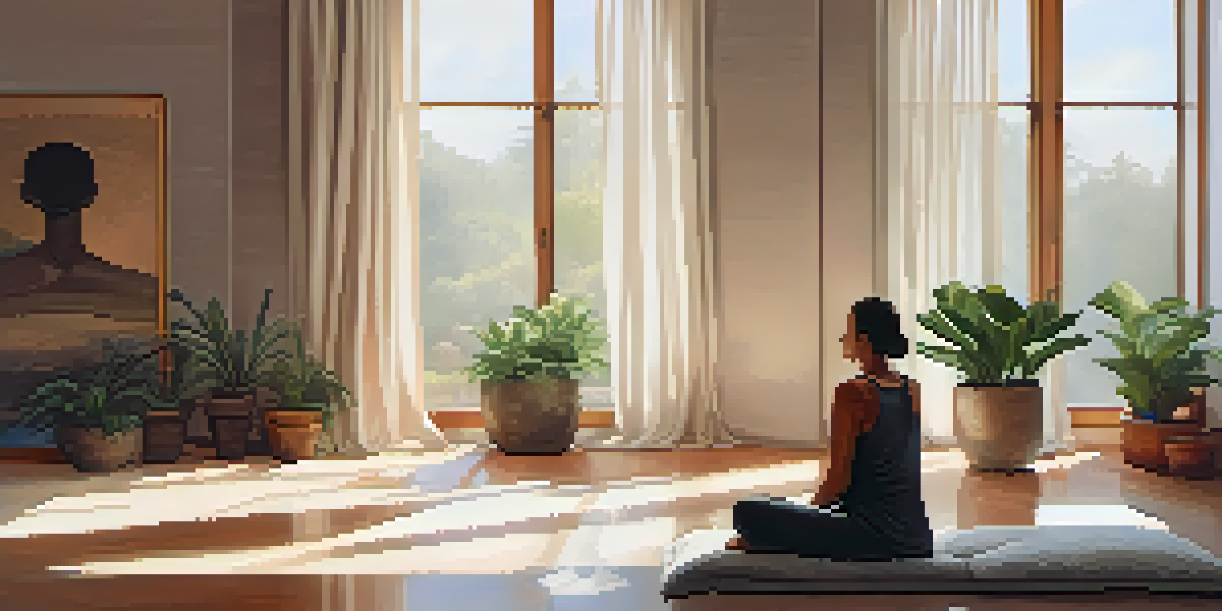 A tranquil room with soft lighting, cushions, and a person meditating in a cross-legged position, practicing breathwork.