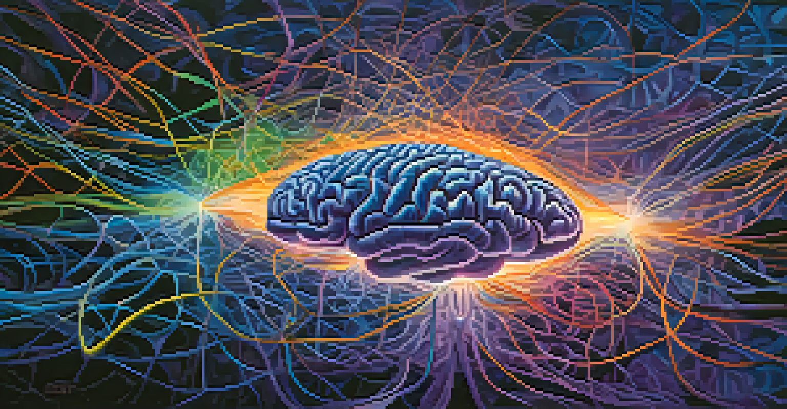 An abstract illustration of the brain's Default Mode Network with colorful neural pathways on a deep blue background.