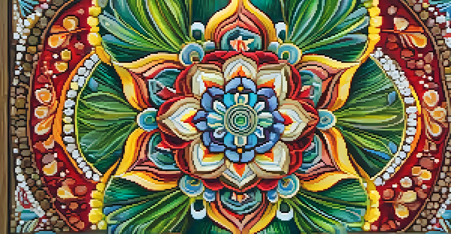 An intricate mandala pattern made from flowers, leaves, and stones on a wooden surface, illuminated by soft light.