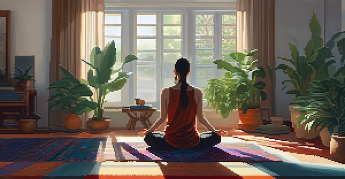 A person meditating on a colorful rug surrounded by plants in a sunlit room.