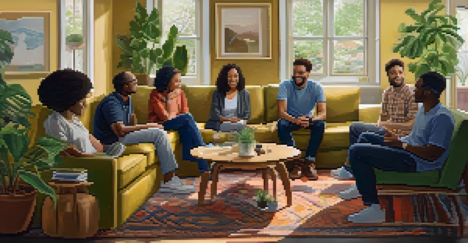 A diverse group of people discussing microdosing in a cozy living room with plants and comfortable seating.