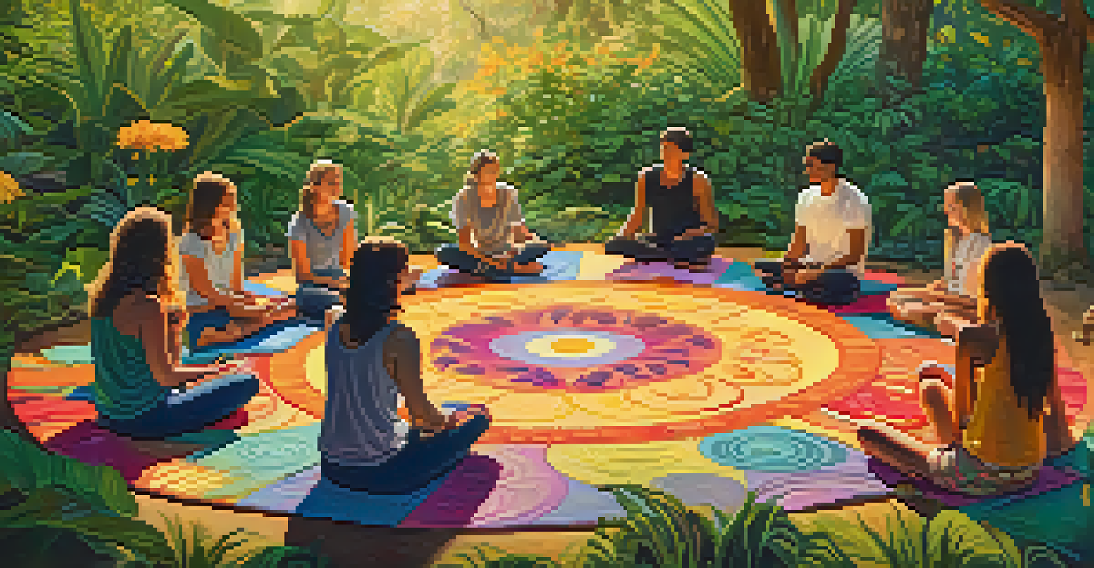 Individuals sitting in a circle on colorful mats in a lush outdoor setting, engaged in a retreat.