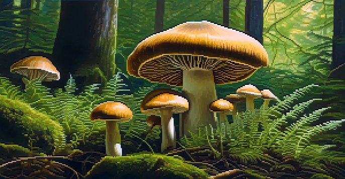 Close-up of golden-capped Psilocybe cubensis mushrooms surrounded by lush green ferns in a sunlit forest.