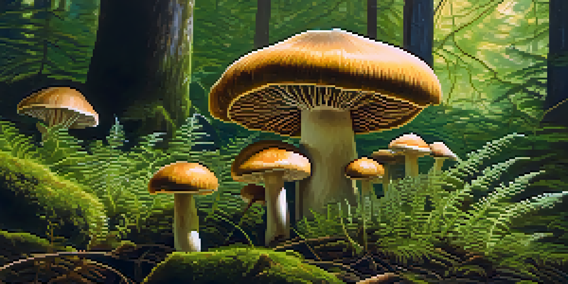 Close-up of golden-capped Psilocybe cubensis mushrooms surrounded by lush green ferns in a sunlit forest.