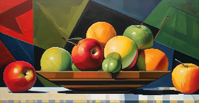 A cubist still life of a fruit basket with fragmented geometric shapes in bright colors and a textured background.