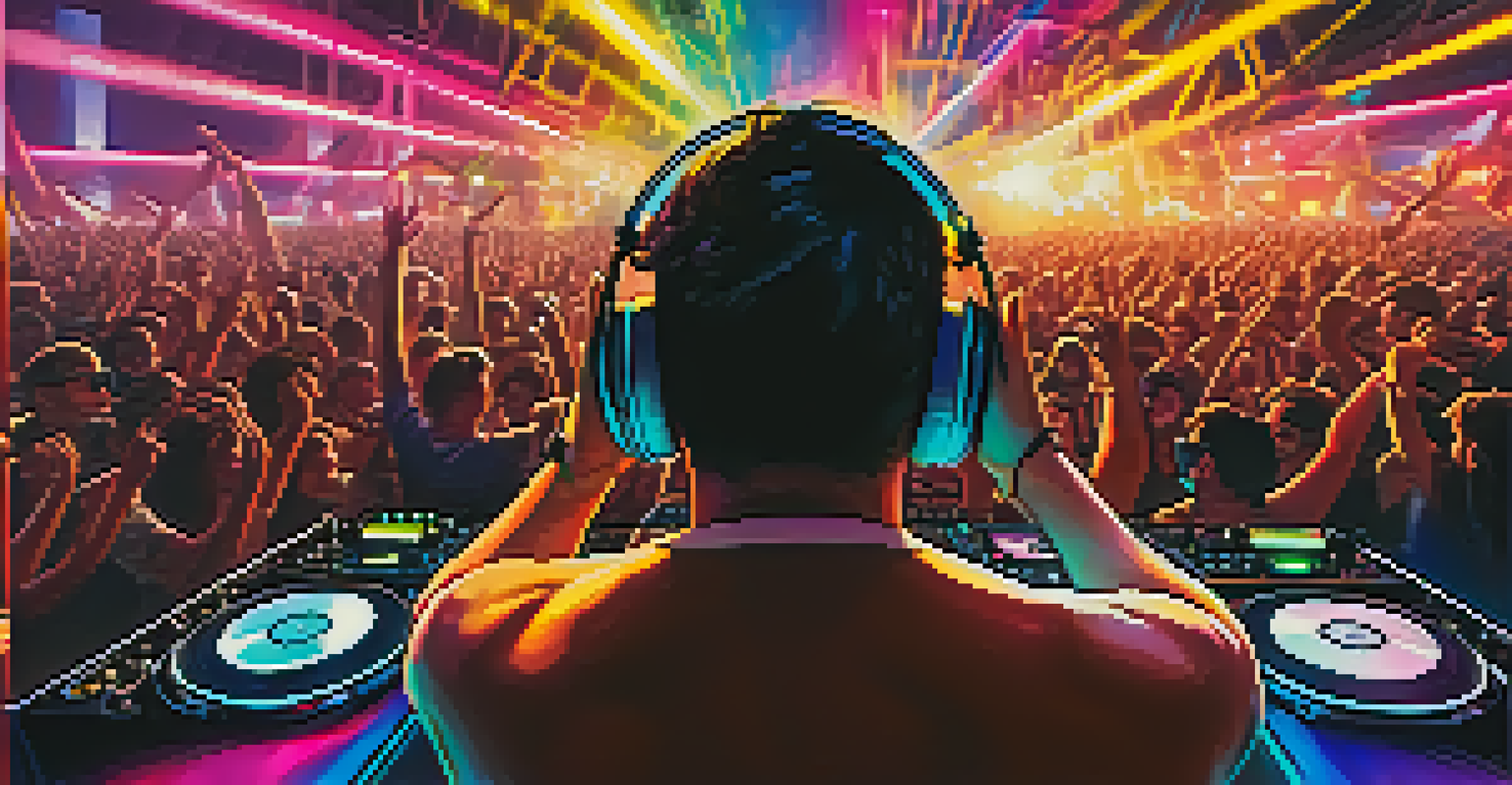 A DJ performing with lights and an energetic crowd, capturing the excitement of a rave atmosphere.