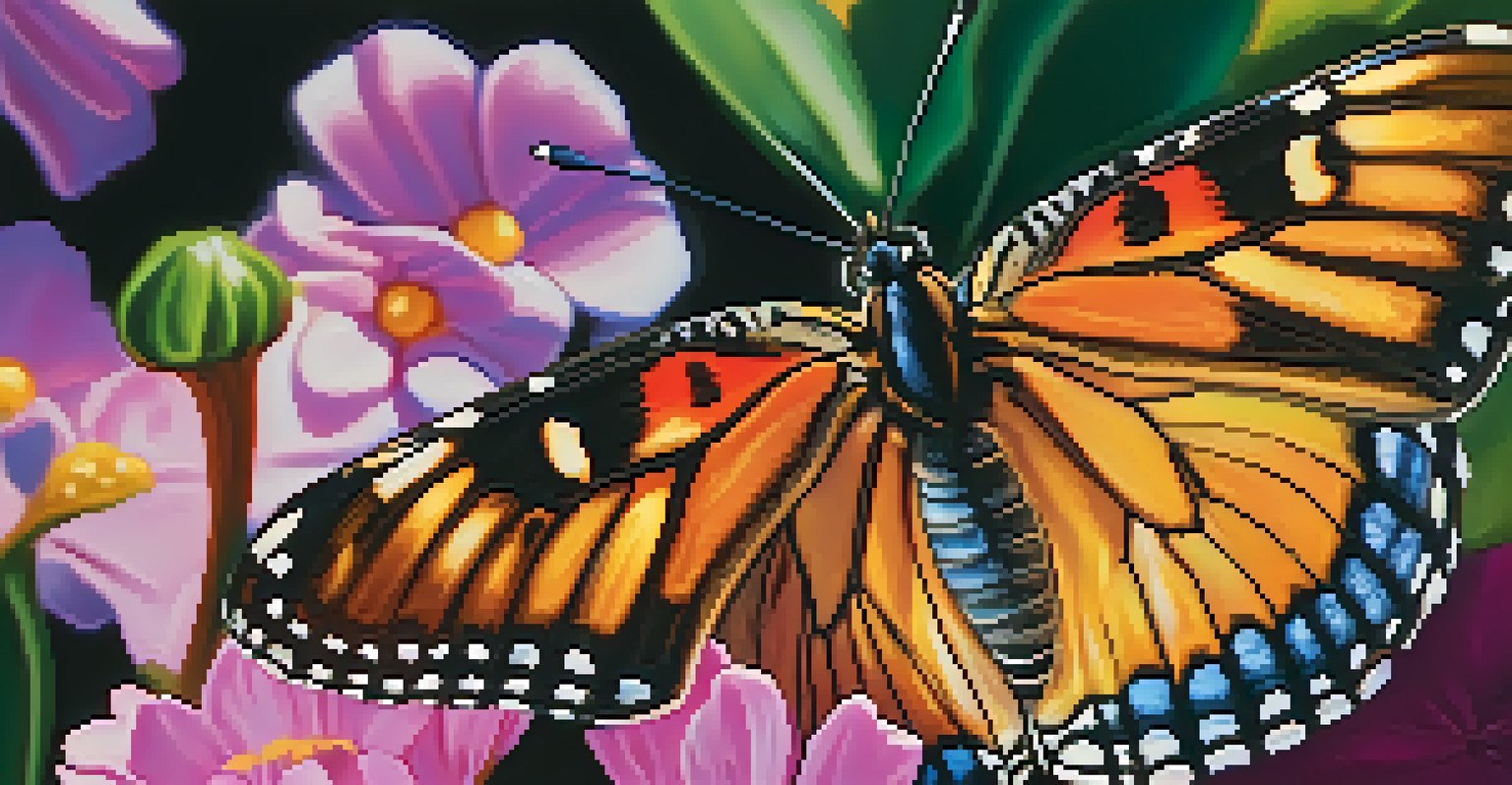 A close-up of a butterfly on a flower, showcasing the intricate details of its wings against a blurred background.