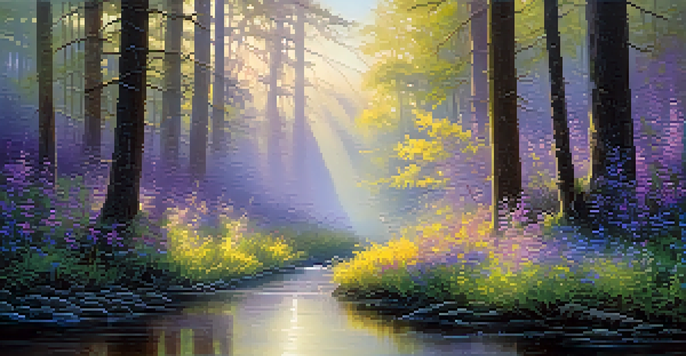 A peaceful forest at dawn with sunlight shining through trees and colorful wildflowers, along with a misty stream.