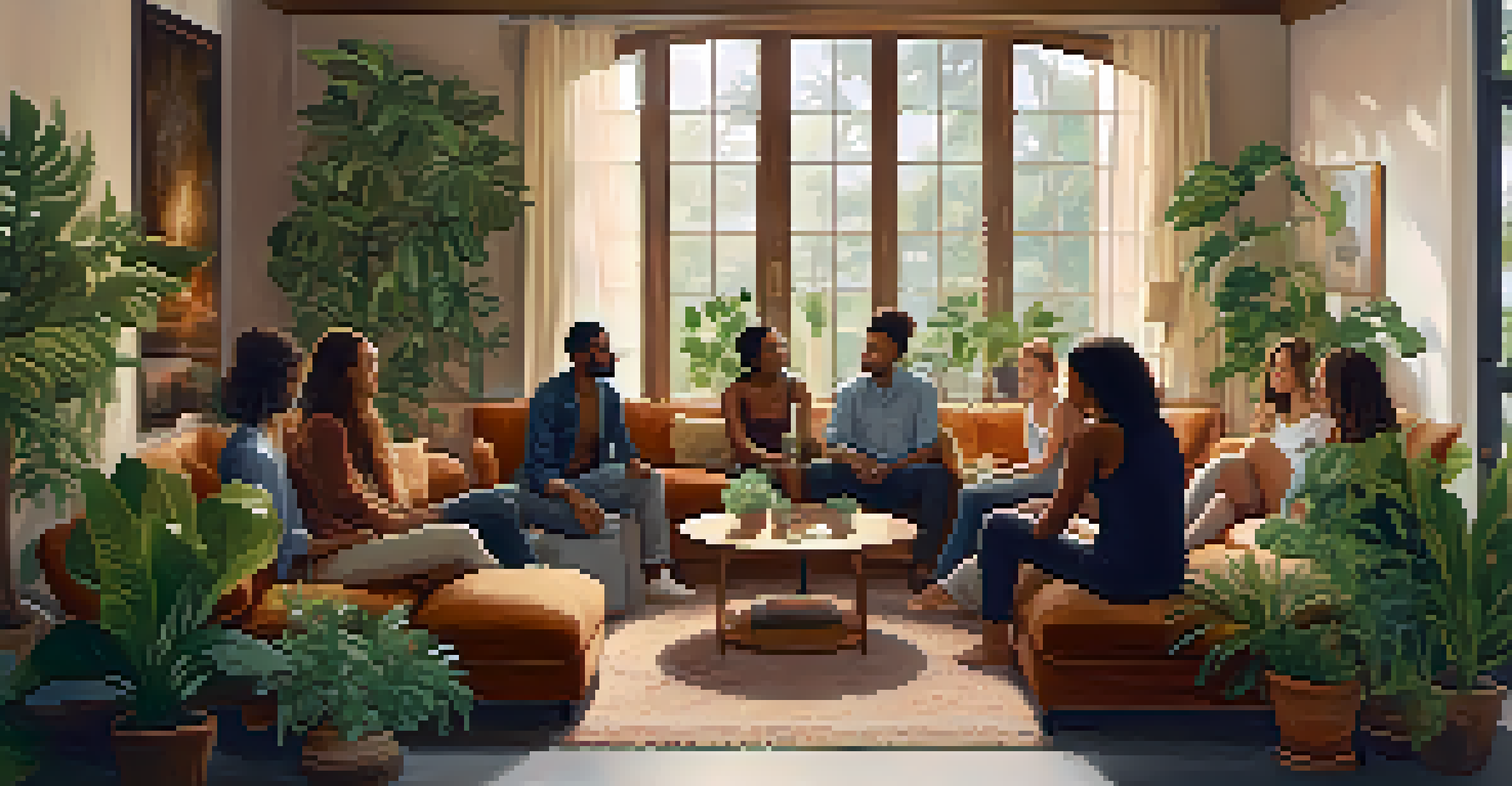 A diverse group of people sitting in a circle, sharing experiences in a cozy, plant-filled room.