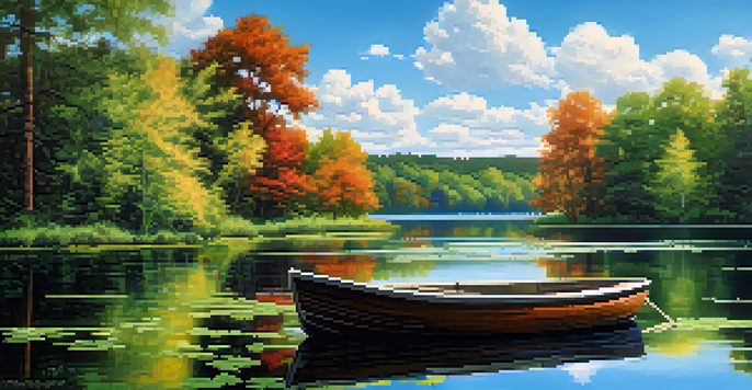 A calm lake surrounded by green trees and a clear blue sky, with a wooden boat on the water.