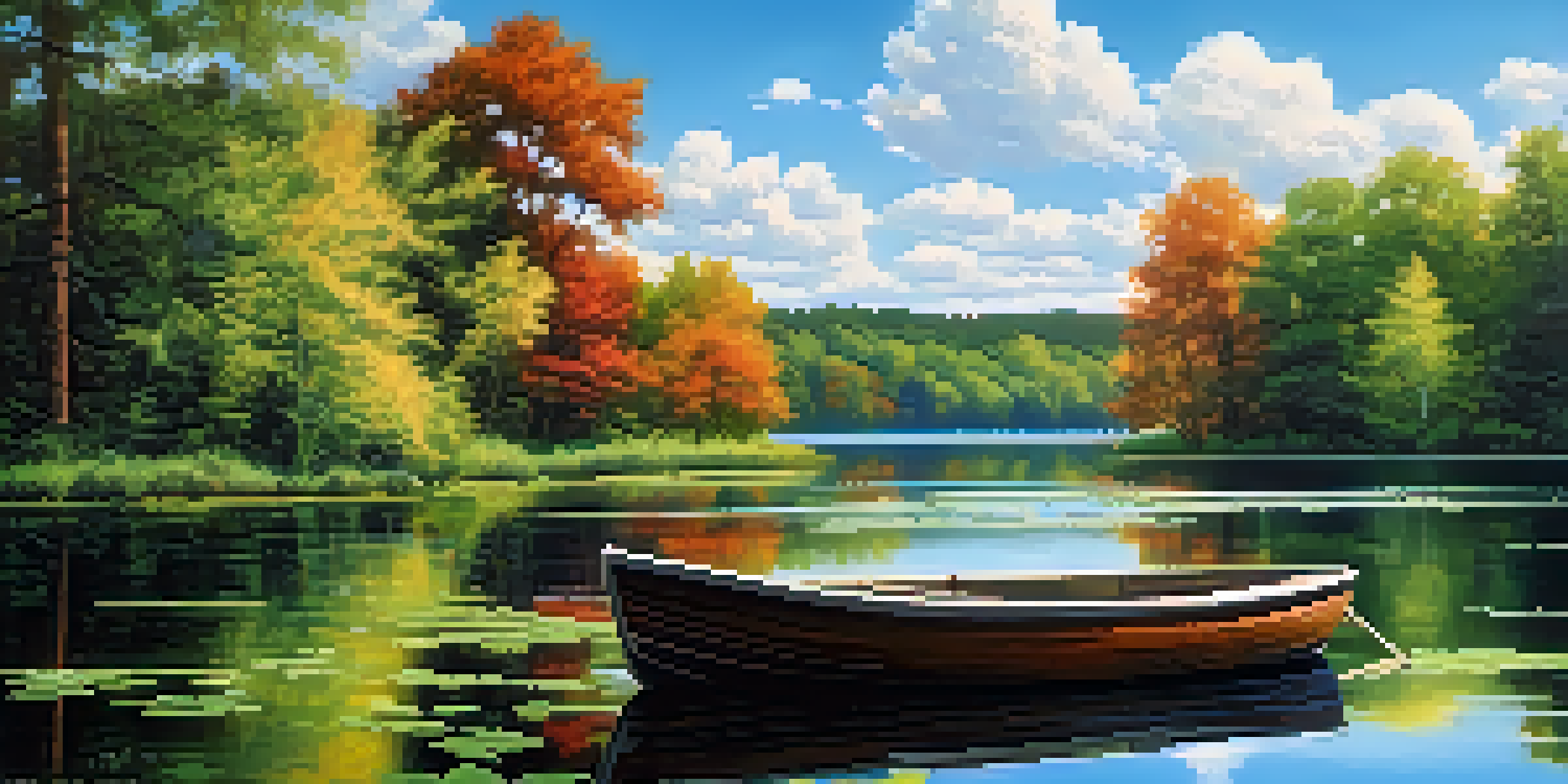 A calm lake surrounded by green trees and a clear blue sky, with a wooden boat on the water.