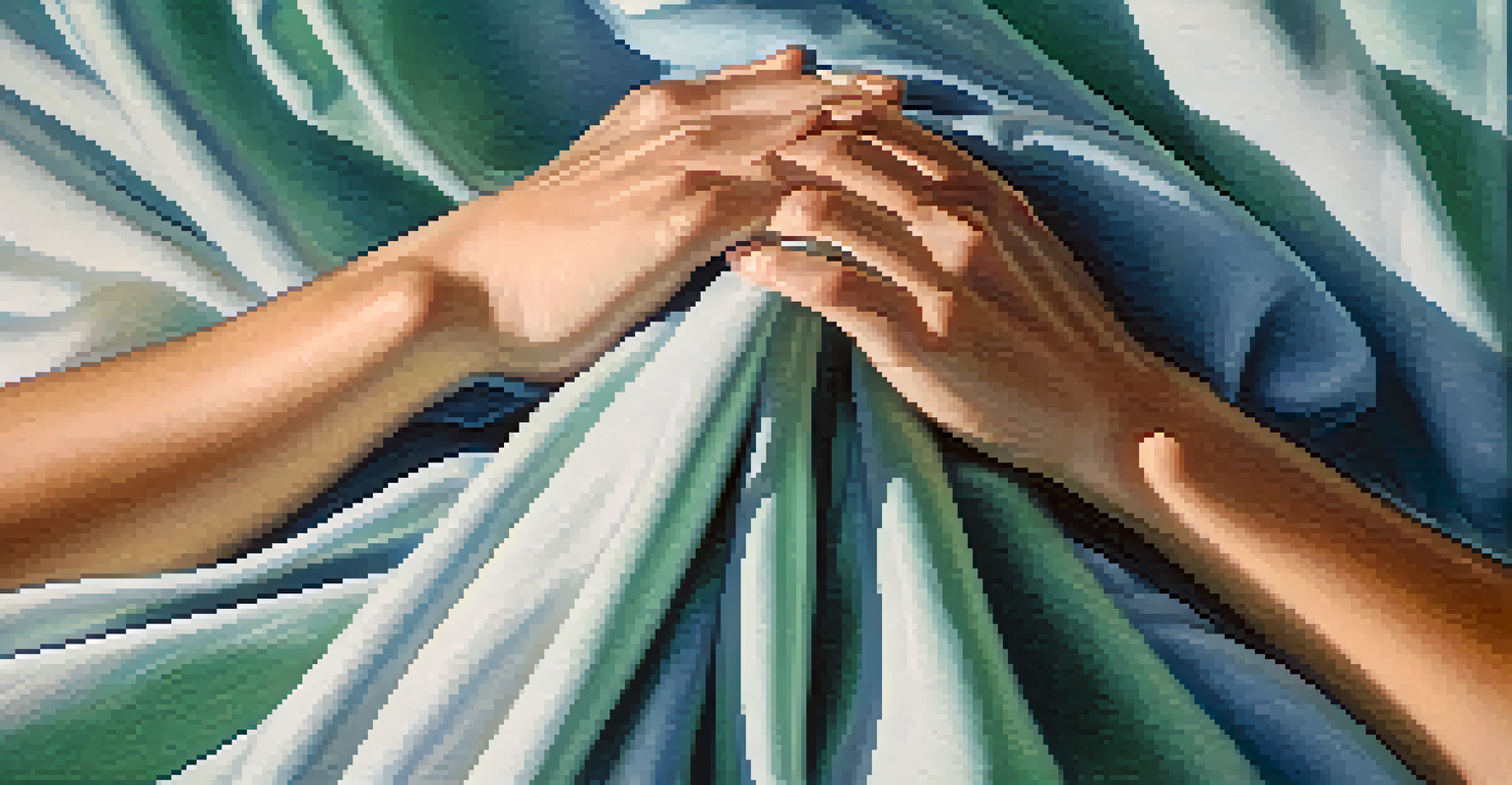 Close-up of hands in a meditative gesture against soft, flowing fabric, symbolizing tranquility and breathwork.