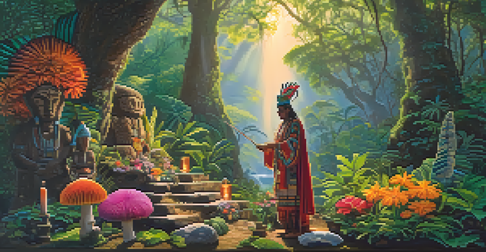 A shaman in traditional Mesoamerican attire prepares magic mushrooms on a stone altar in a vibrant forest, with sunlight filtering through the trees.