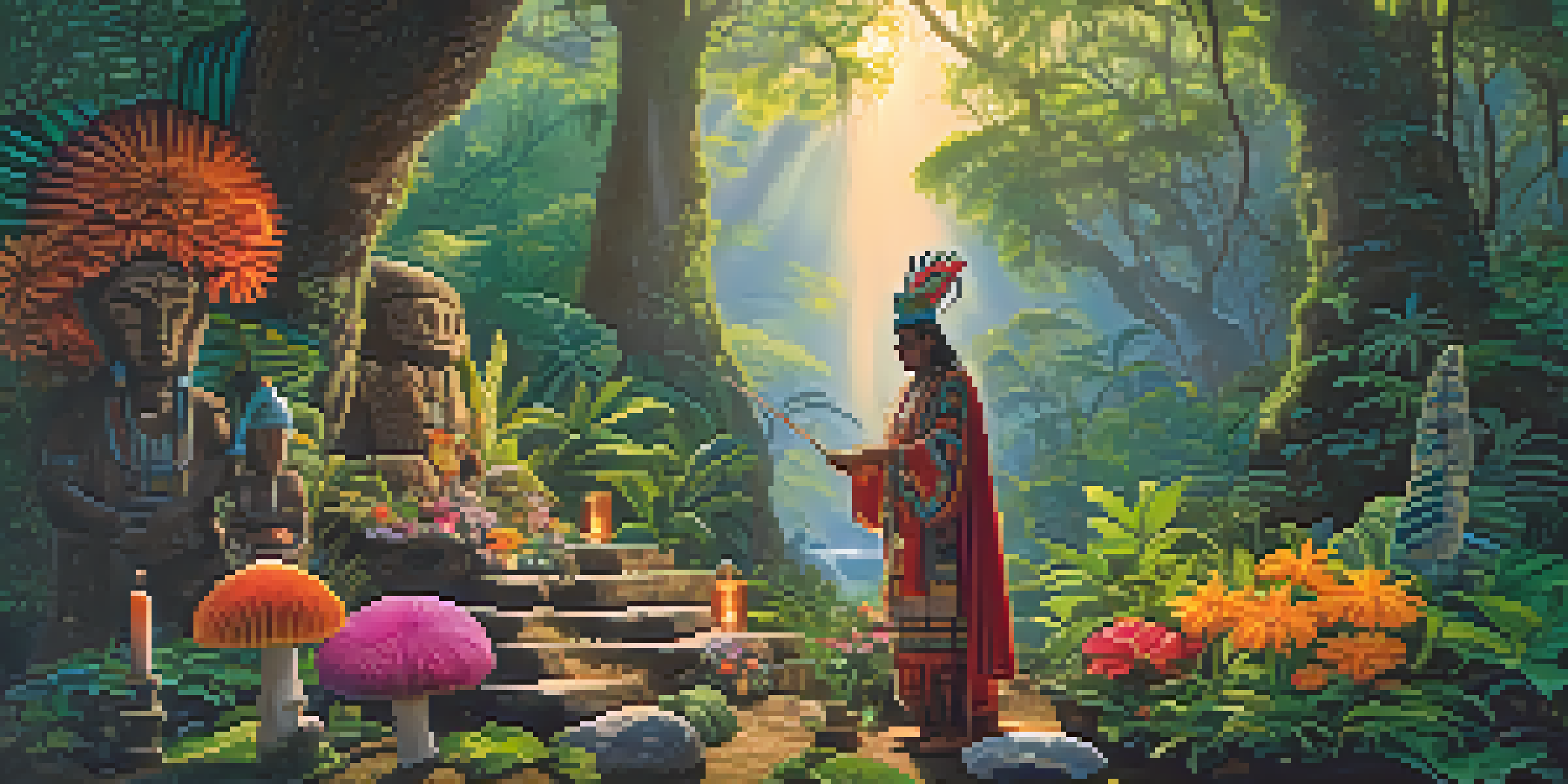 A shaman in traditional Mesoamerican attire prepares magic mushrooms on a stone altar in a vibrant forest, with sunlight filtering through the trees.