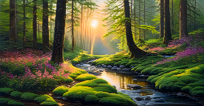 A beautiful forest at sunrise with sunlight filtering through trees and a stream reflecting the colors of the sky.