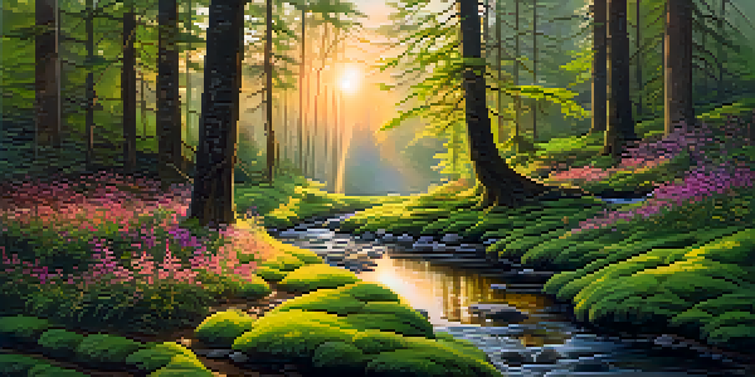 A beautiful forest at sunrise with sunlight filtering through trees and a stream reflecting the colors of the sky.
